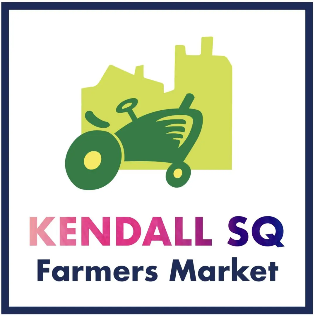 Logo of Kendall Square Farmers Market with tractor and cityscape.