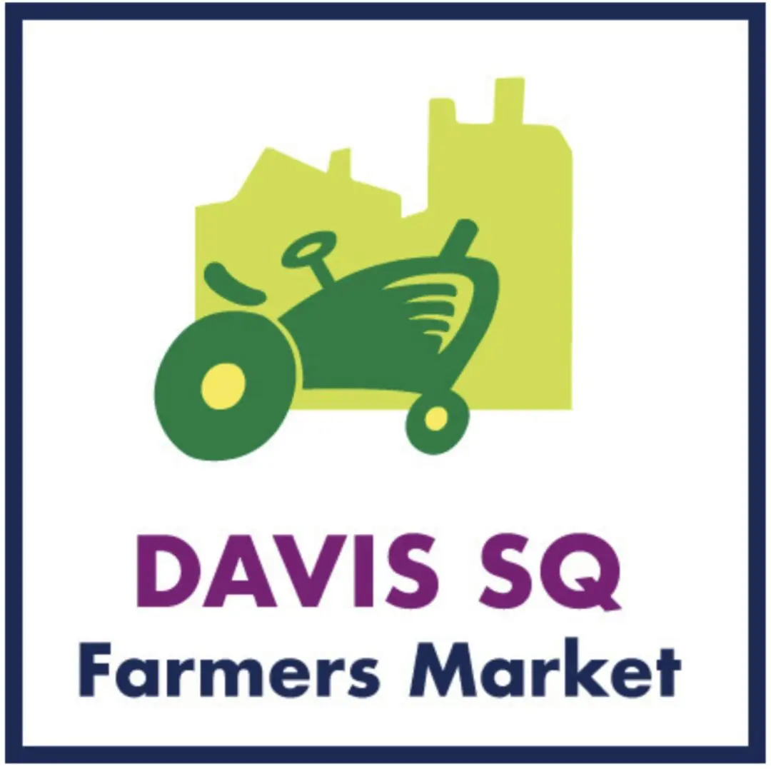 Logo for Davis Square Farmers Market with tractor and cityscape.