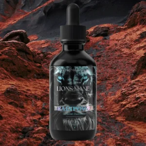 A dark dropper bottle labeled with a mystical design on a rocky, reddish terrain.