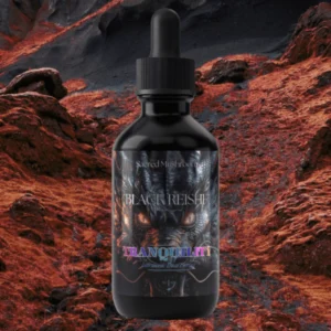 A dark dropper bottle labeled 'Lunar Dust' on a rocky, red terrain background.