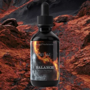 A dropper bottle labeled 'Balance' with fiery volcanic background.