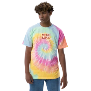 Person wearing colorful tie-dye Mush Love shirt