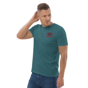 Model wearing teal t-shirt with red chest print