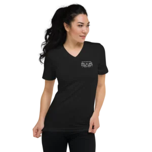 Woman modeling black v-neck graphic tee